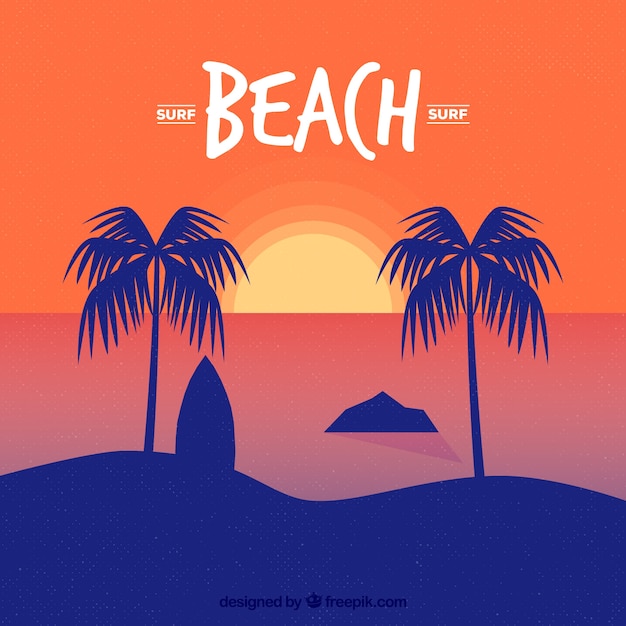 Free Vector palm trees at sunset with surfboard background