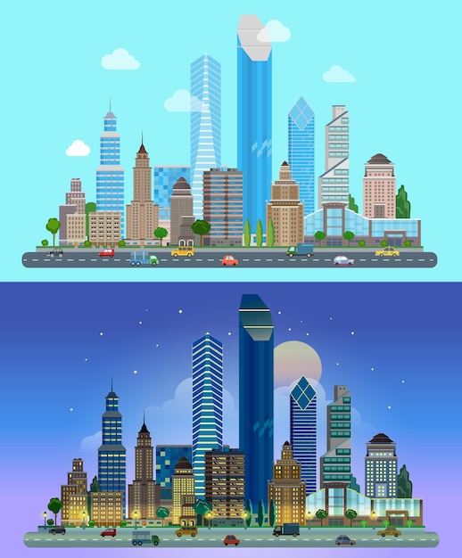 Free vector panorama of the city skyscrapers the sky in the background day night