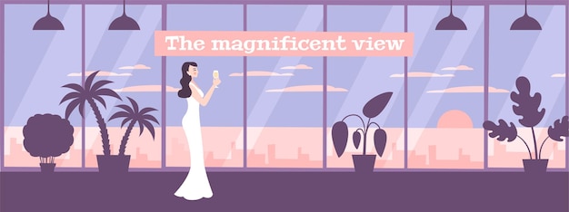 Free Vector panoramic windows on apartment with elegant woman illustration