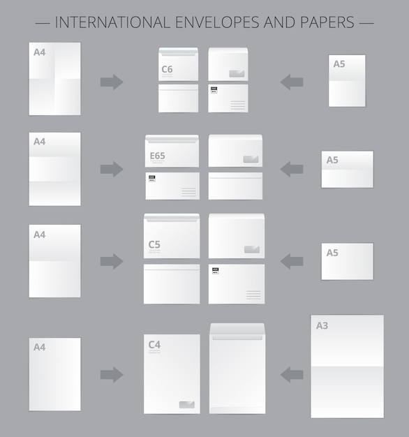 Free Vector paper documents set with realistic images of mail envelopes and suitable blank paper sheets connected by arrows vector illustration