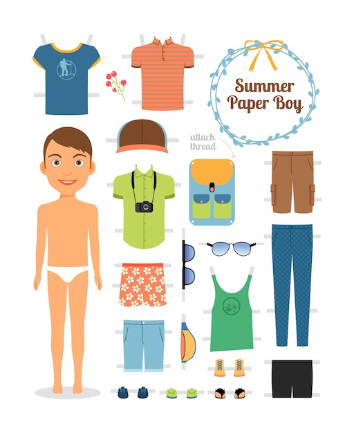 Free vector paper doll boy in summer clothes and shoes. cute dress up paper doll. body template, outfit and accessories. summer collection