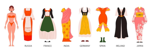 Free Vector paper doll princess clothes set with russia and france costume flat isolated vector illustration