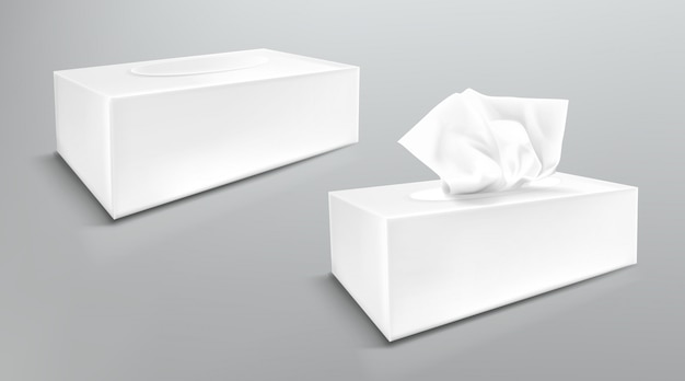 Paper napkin box mockup, close and open blank packages with tissue wipes side view. Hygiene accessories, white carton packages isolated on grey background, realistic 3d illustration, mock up