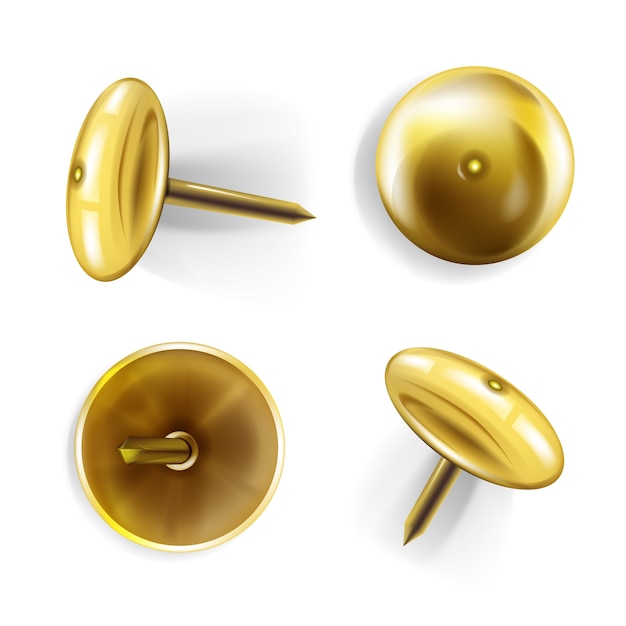 Paper pin illustration of 3D realistic golden or brass metal pins or thumbtack for memo notes