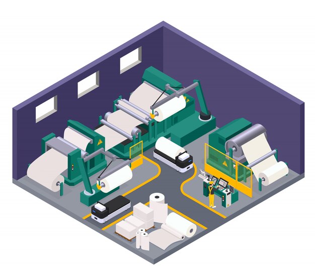 Paper production concept with books and toilet paper symbols isometric 