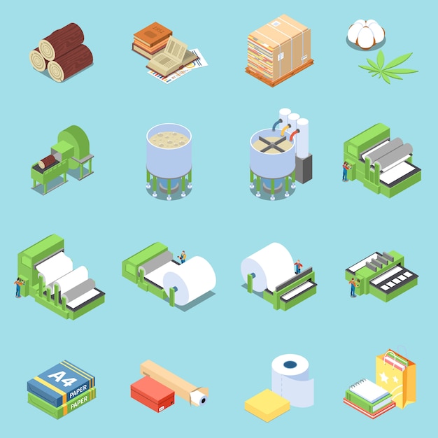 Free Vector paper production icons set with printing symbols isometric isolated