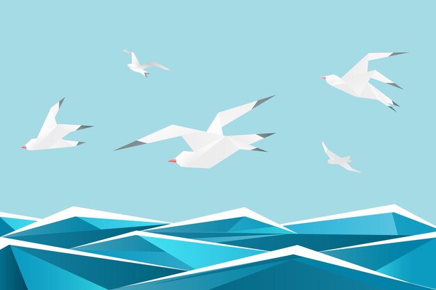 Paper sea with birds.  origami gulls above waves  background. Origami seagull paper freedom illustration