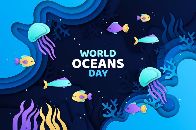 Paper style background for world oceans day celebration