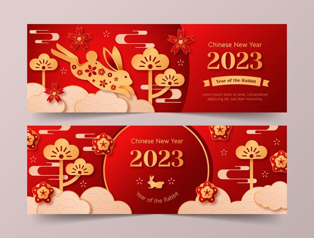 Paper style chinese new year festival celebration horizontal banners set