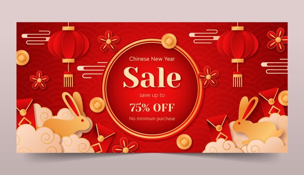 Paper style chinese new year festival celebration horizontal sale banner template