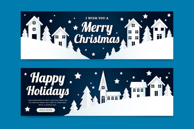 Paper style christmas horizontal banners set