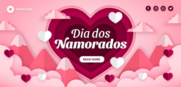 Paper style dia dos namorados horizontal banner template