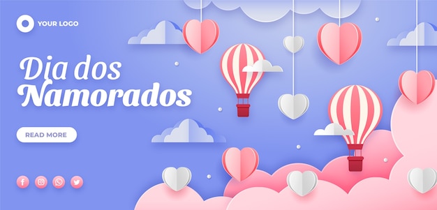 Paper style dia dos namorados horizontal banner template