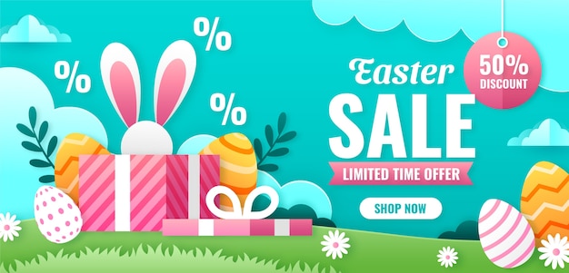 Paper style easter sale horizontal banner template