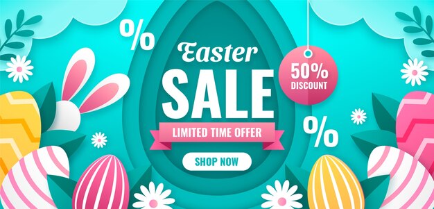 Paper style easter sale horizontal banner template