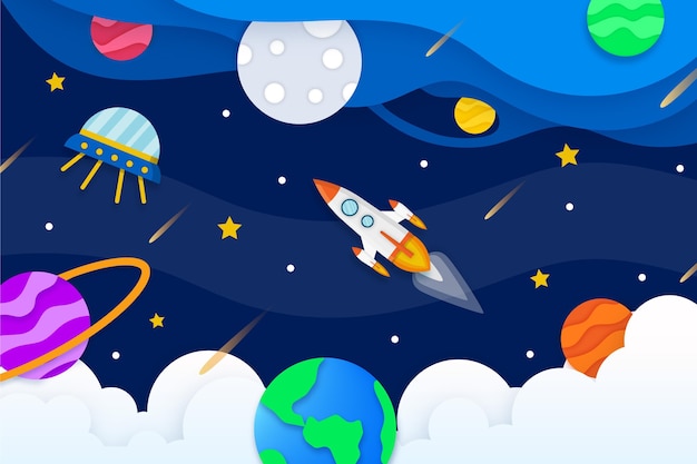 Paper style galaxy background with rocket