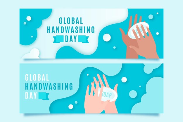 Paper style global handwashing day horizontal banners set