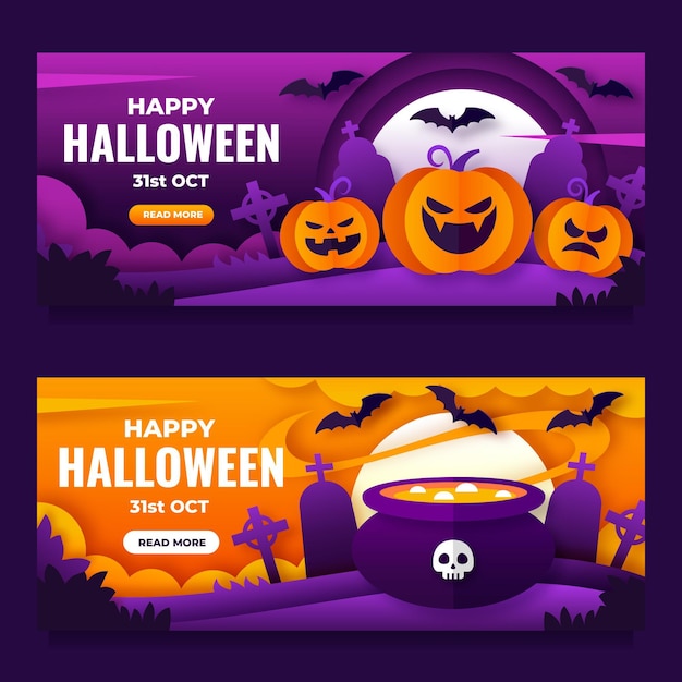 Paper style halloween horizontal banners set