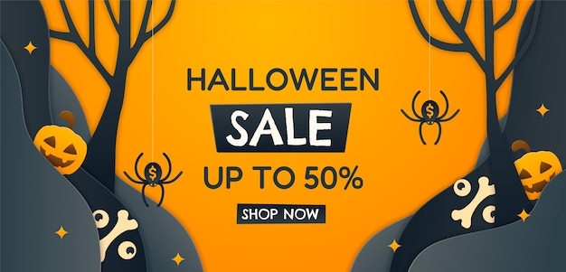 Free Vector paper style halloween horizontal sale banner template