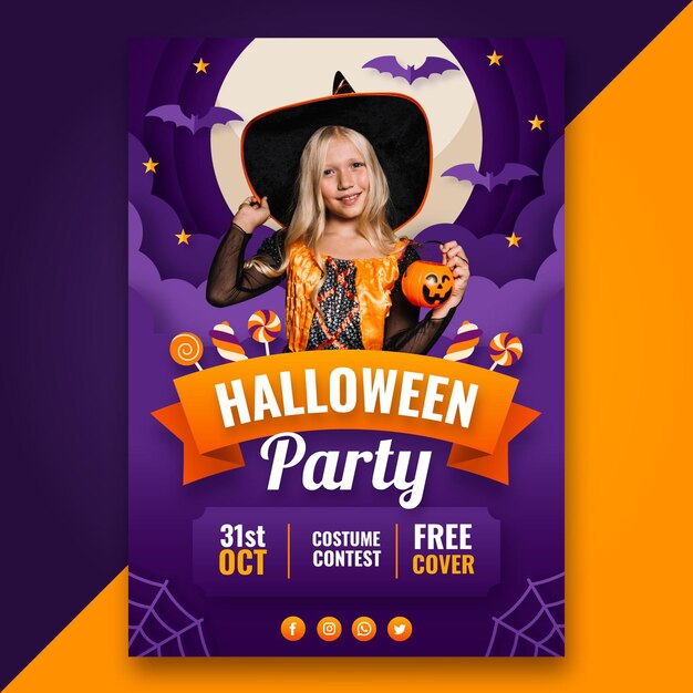 Paper style halloween party vertical flyer template