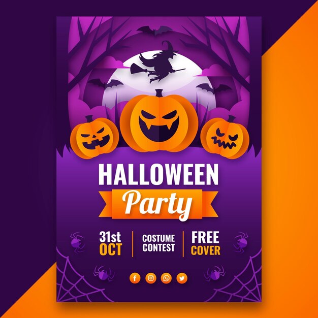 Paper style halloween party vertical poster template