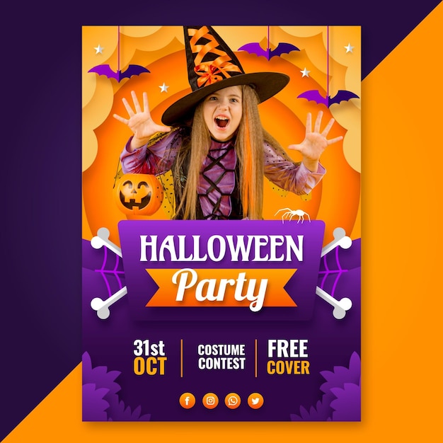 Paper style halloween party vertical poster template