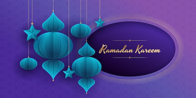 Free Vector paper style horizontal banner template for ramadan celebration