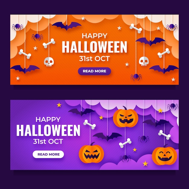 Paper style horizontal halloween banners set