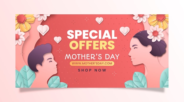 Free vector paper style horizontal sale banner template for mother's day celebration