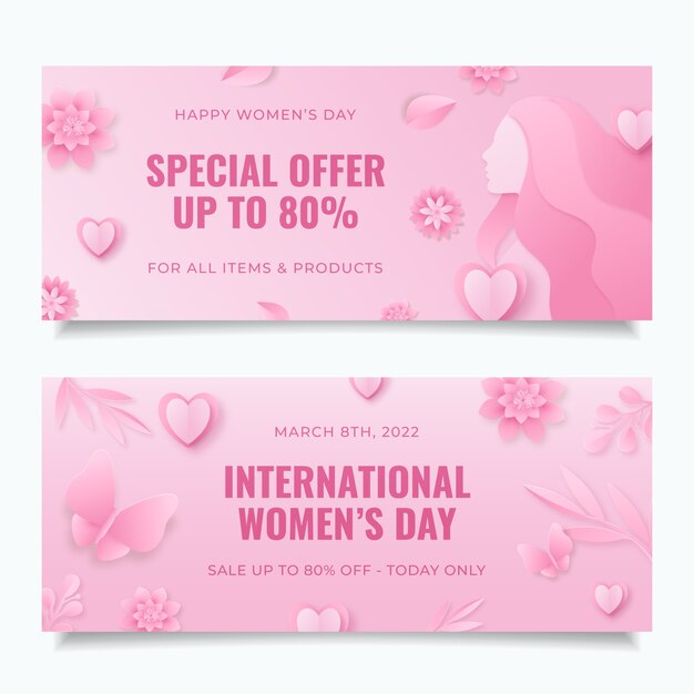 Paper style international women's day sale horizontal banners set