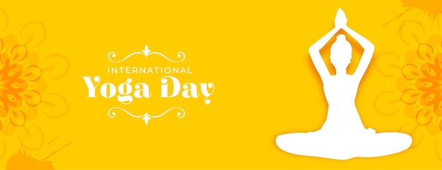 Paper style international yoga day yellow poster for promoting health and relaxation