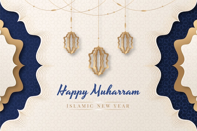 Free Vector paper style islamic new year background with arabic design and lanterns