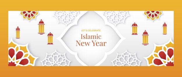 Paper style islamic new year twitter header with lanterns and flowers