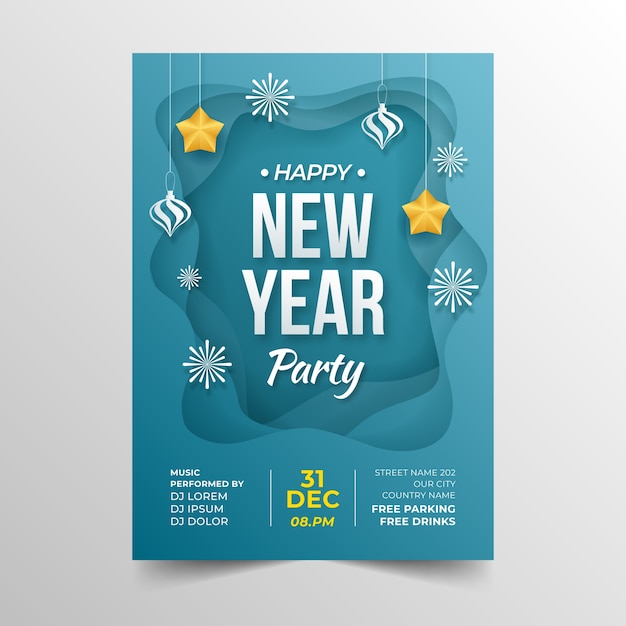 Paper style new year party flyer template