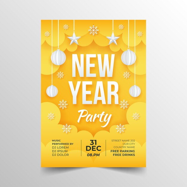 Paper style new year party flyer template