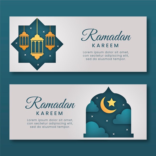 Paper style ramadan horizontal banners set