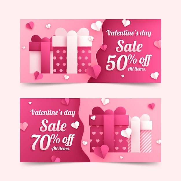 Paper style valentine's day sale horizontal banners set