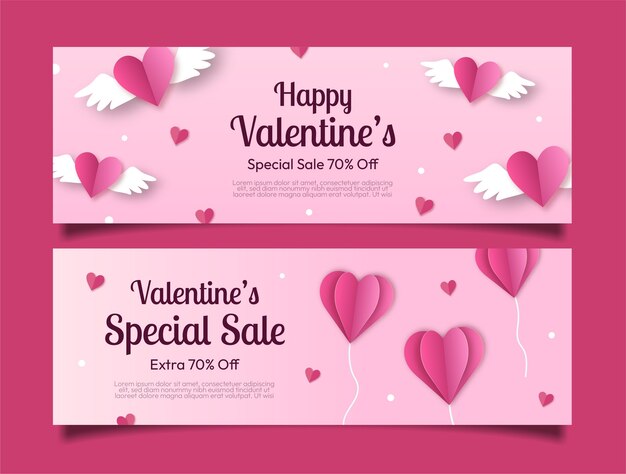 Paper style valentines day celebration sale banners set