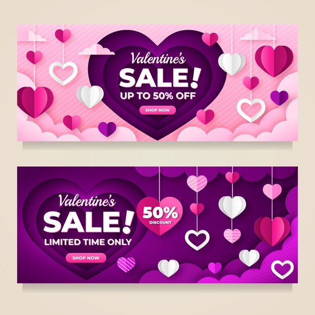 Paper style valentines day sale horizontal banners set