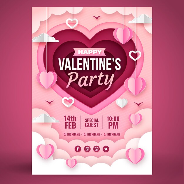 Paper style valentines day vertical poster template