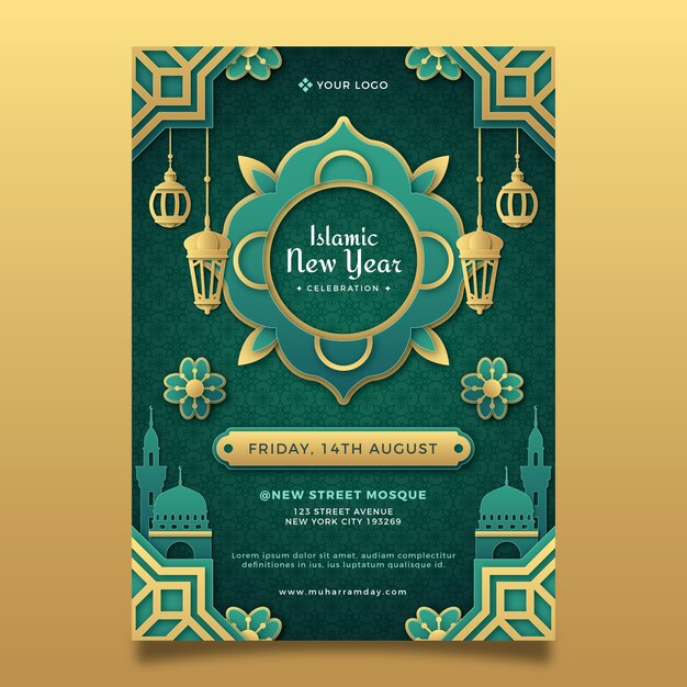 Paper style vertical poster template for islamic new year celebration