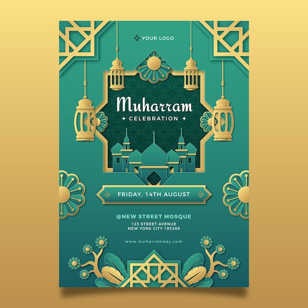 Paper style vertical poster template for islamic new year celebration