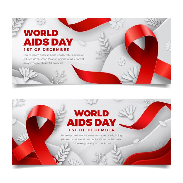 Paper style world aids day horizontal banners set