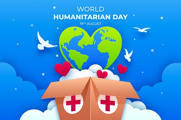 Paper style world humanitarian day background with aid box and doves