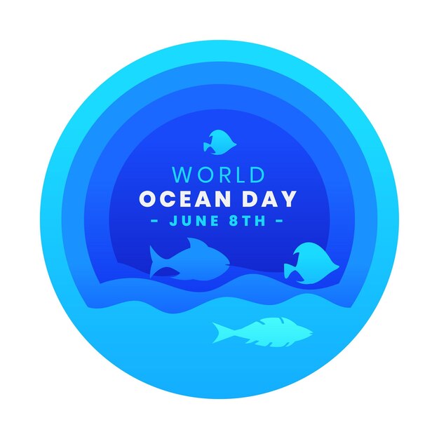 Paper style world ocean day blue design with fishes