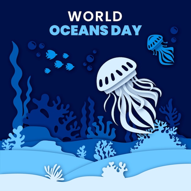 Paper style world oceans day illustration