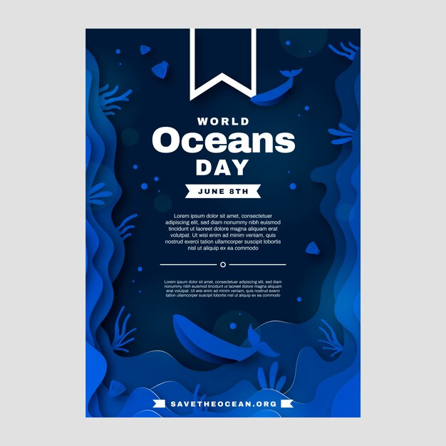 Paper style world oceans day vertical flyer template