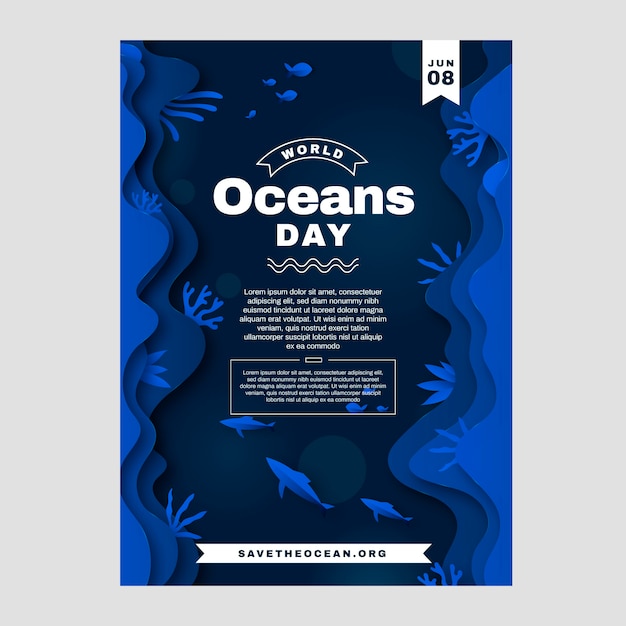 Paper style world oceans day vertical flyer template