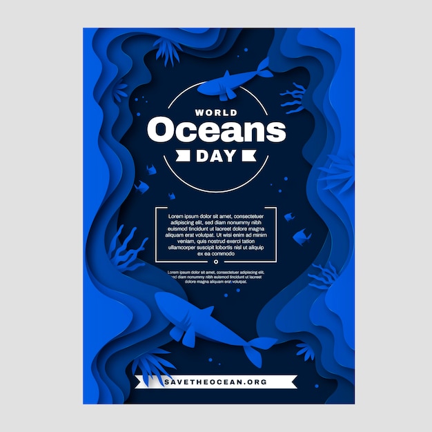 Paper style world oceans day vertical flyer template