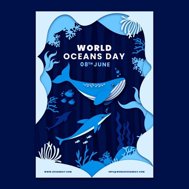 Paper style world oceans day vertical flyer template